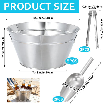 5 Pcs Large Metal Bucket Beer Bucket with Ice Shovels and Tongs Galvanized Steel Pail for Summer Pool Wedding Table Centerpiece Party Supplies (7.4 x 7.4 x 5.9 Inch,Silver)