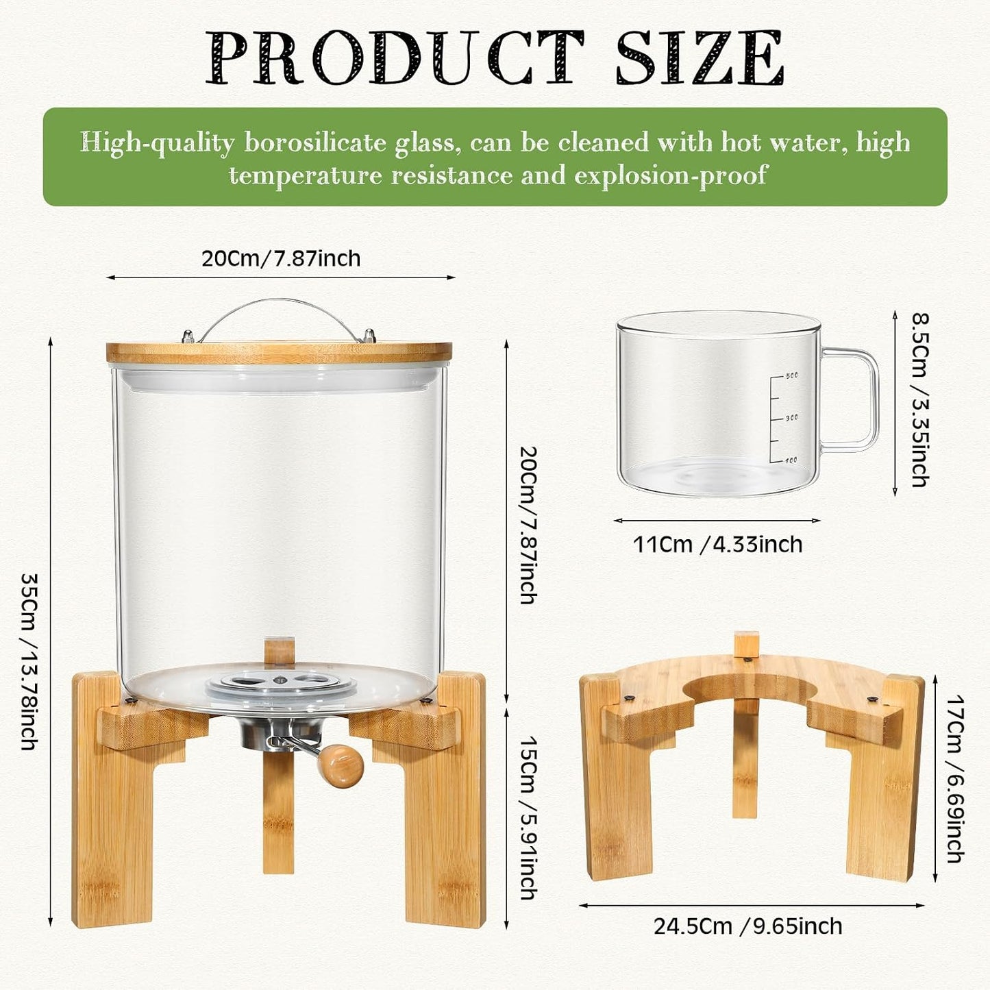 Zhehao 2 Pcs 5L Glass Rice Dispenser Rice Storage Container Flour Cereal Dispenser Container Holder with Wooden Stand Airtight Bamboo Lid and Measuring Cup for Pantry Sugar Coffee Beans Kitchen Food