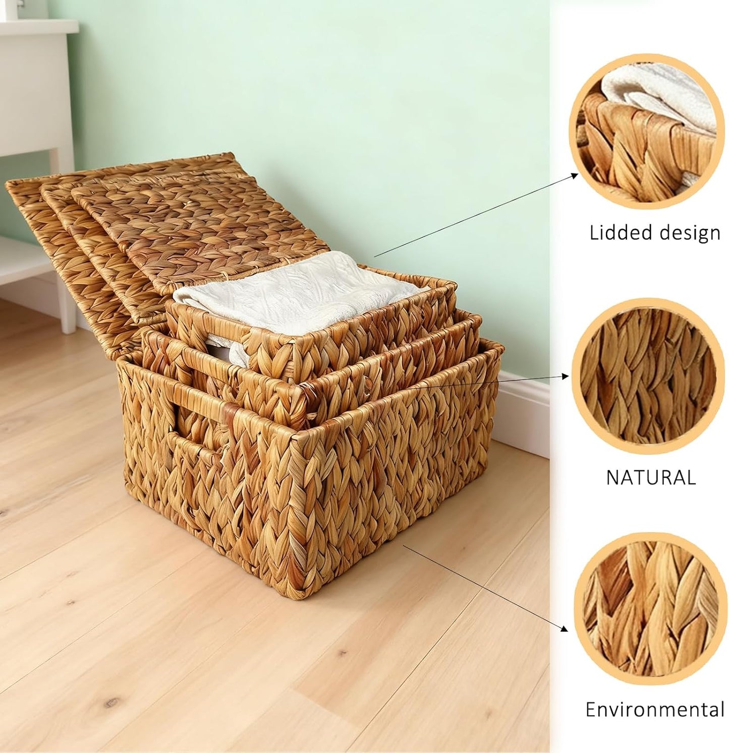 Wicker Storage Baskets With Lid,Set of 3 Rectangular Rattan Basket Decorative Boxes with Handles,Large Storage Box Hyacinth Wicker Baskets For Shelf Organizer, Nursery Room,Bathroom,Living Room