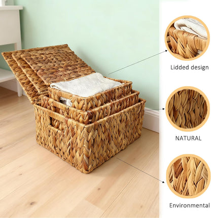 Wicker Storage Baskets With Lid,Set of 3 Rectangular Rattan Basket Decorative Boxes with Handles,Large Storage Box Hyacinth Wicker Baskets For Shelf Organizer, Nursery Room,Bathroom,Living Room
