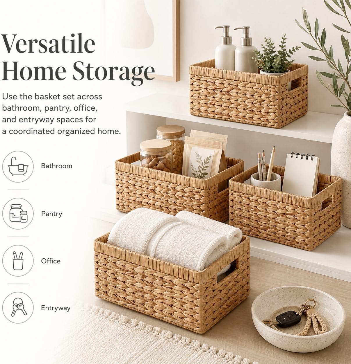 Water Hyacinth Storage Baskets for Shelves Set of 4 — Wicker Baskets for Storage and Organizing, Woven Shelf Baskets with Handles for Pantry, Kitchen, Bathroom and Bedroom, 13" x 8.25" x 7"