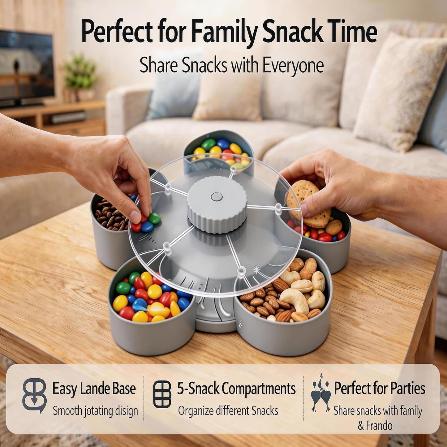 Snack Spinner with Lid, Rotating 5 Compartment Snack Tray for Fruit, Nuts, Candy and Appetizers, Divided Serving Container for Party, Family Night and Kitchen Counter (Blue)