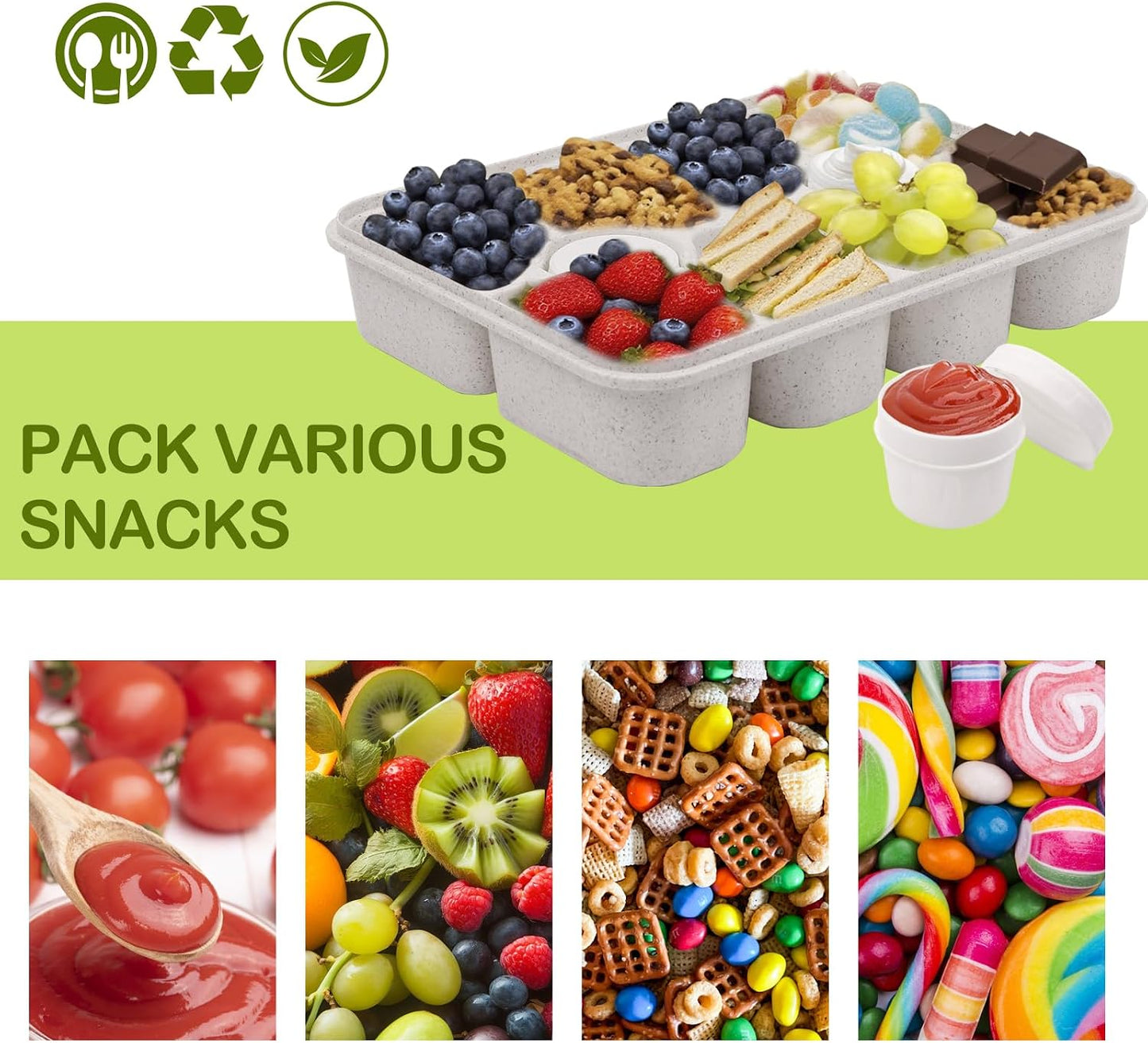 Snackle Box Containers with 2 Sauce Pots - Quality PET Material Snackle Container, 10 Compartments,Portable Snack box for Picnic, Camping, Party(White)