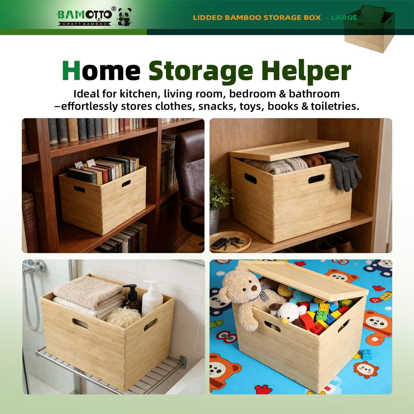 BAMOTTO CRAFTBAMBOO 2-Piece Large Bamboo Storage Box Set - 7.1in High Stackable Deep-Drawer Organizer, Lidless Bin for Kitchen Cutlery Utensils, Home & Office (14.6"x10.2"x7.1"+14.6"x10.2"x3.1")