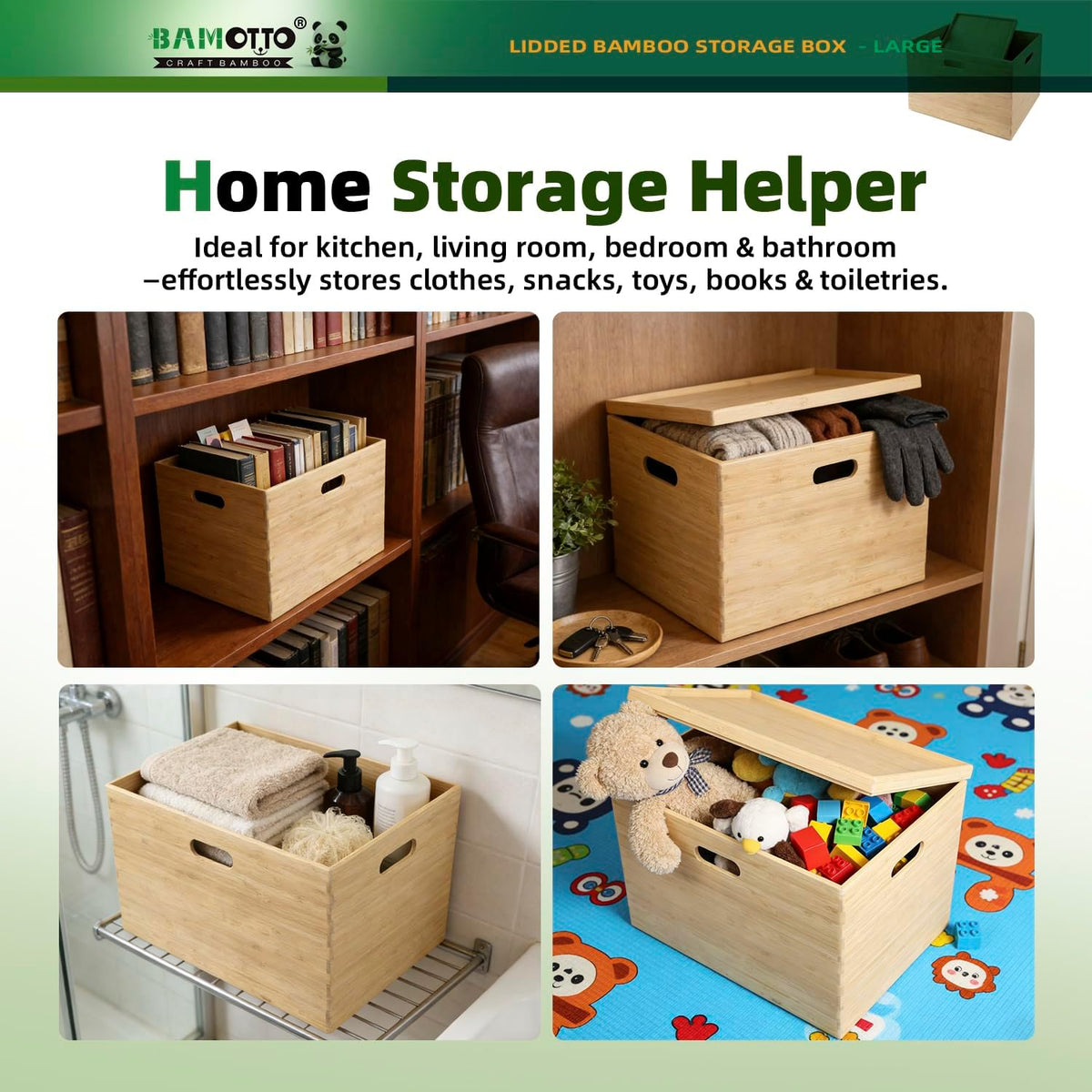 BAMOTTO CRAFTBAMBOO 2-Piece Large Bamboo Storage Box Set - 7.1in High Stackable Deep-Drawer Organizer, Lidless Bin for Kitchen Cutlery Utensils, Home & Office (14.6"x10.2"x7.1"+14.6"x10.2"x3.1")