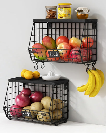 Goozii Hanging Wall Fruit Basket for Kitchen Counter 2 Pack, Stackable Wire Baskets for Organizing with Wood Lid, Potato and Onion Storage Bin with Banana Hook for Vegetable Produce, Black + Rustic