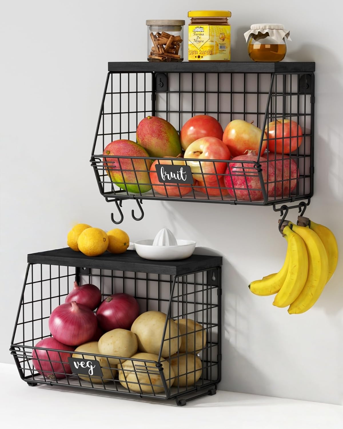 Goozii Hanging Wall Fruit Basket for Kitchen Counter 2 Pack, Stackable Wire Baskets for Organizing with Wood Lid, Potato and Onion Storage Bin with Banana Hook for Vegetable Produce, Black + Rustic