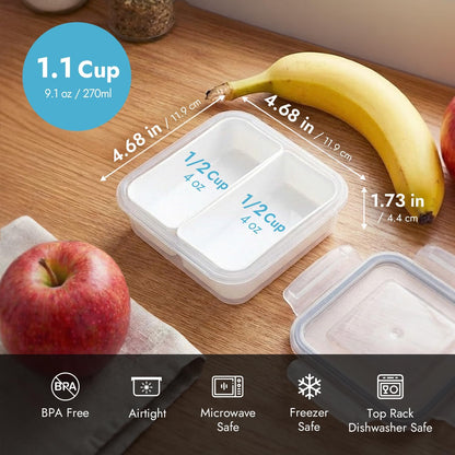 carrotez 2 Compartment Small Snack Containers, Mini Snack Containers for Mini Fridge, Small Divided Food Storage Containers, Airtight Lids, Reusable, 1.1 cup, 2 PACK