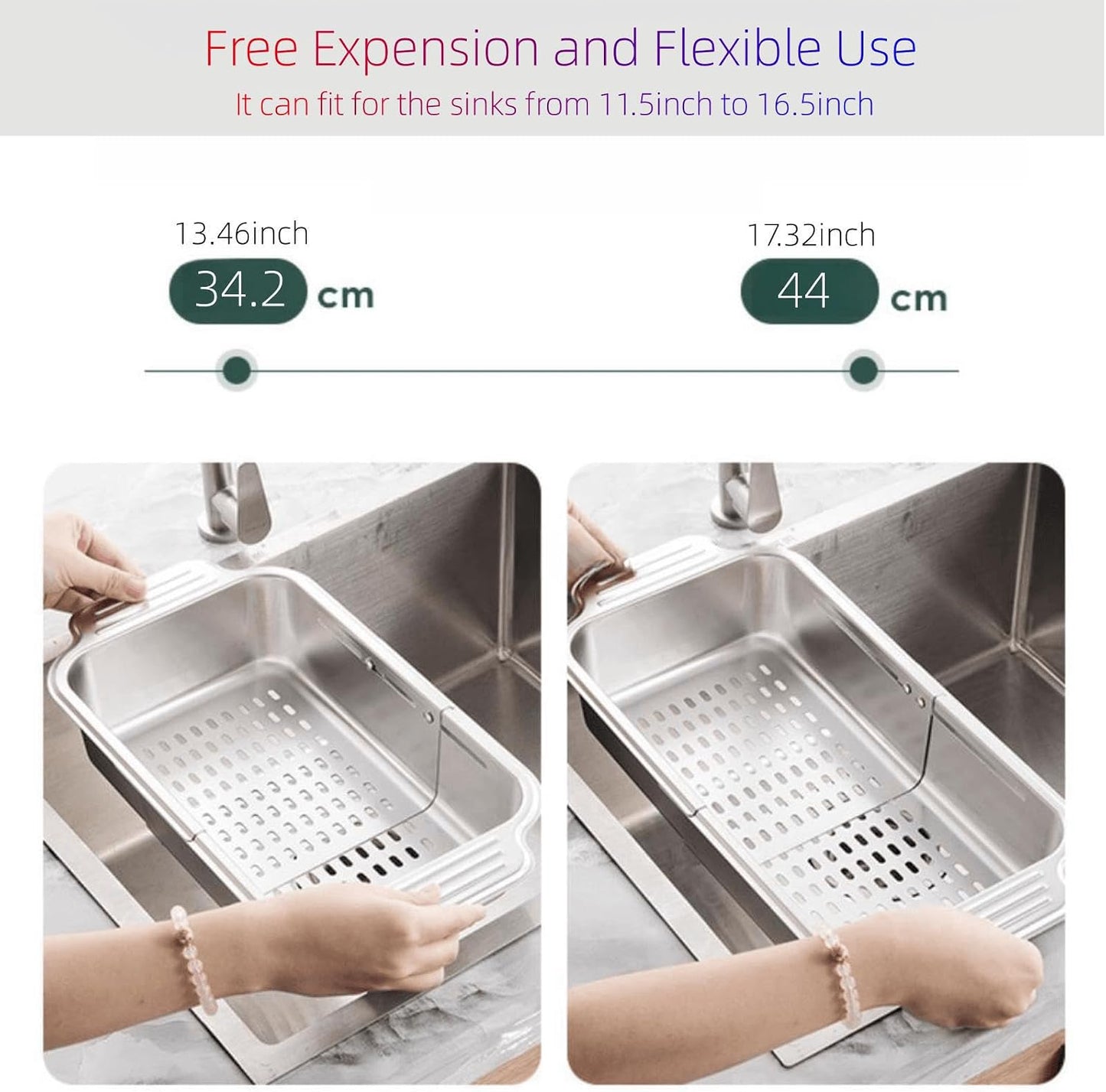 Extendable Over the Sink Colander Strainer Basket, Stainless Steel Retractable Kitchen Sink Basket - Wash Vegetables, Fruits, Drain Pasta and Dry Dishes XL (XL)