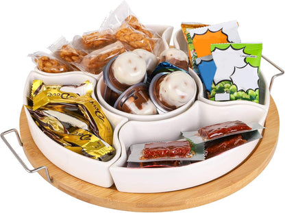 yarlung 11 Inch Ceramic Divided Serving Dishes with Bamboo Platter, Appetizer Tray 5 Removable Snacks Bowls for Candy and Nut, Chips and Dips, No Lid Included