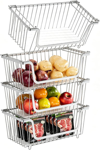 GAOKASE 4 Pcs Stackable Wire Baskets for Pantry Organizers and Storage,Vegetable Fruit Basket for Countertop,Kitchen Storage Metal Baskets,Produce Potato Onion Storage Bin-Black