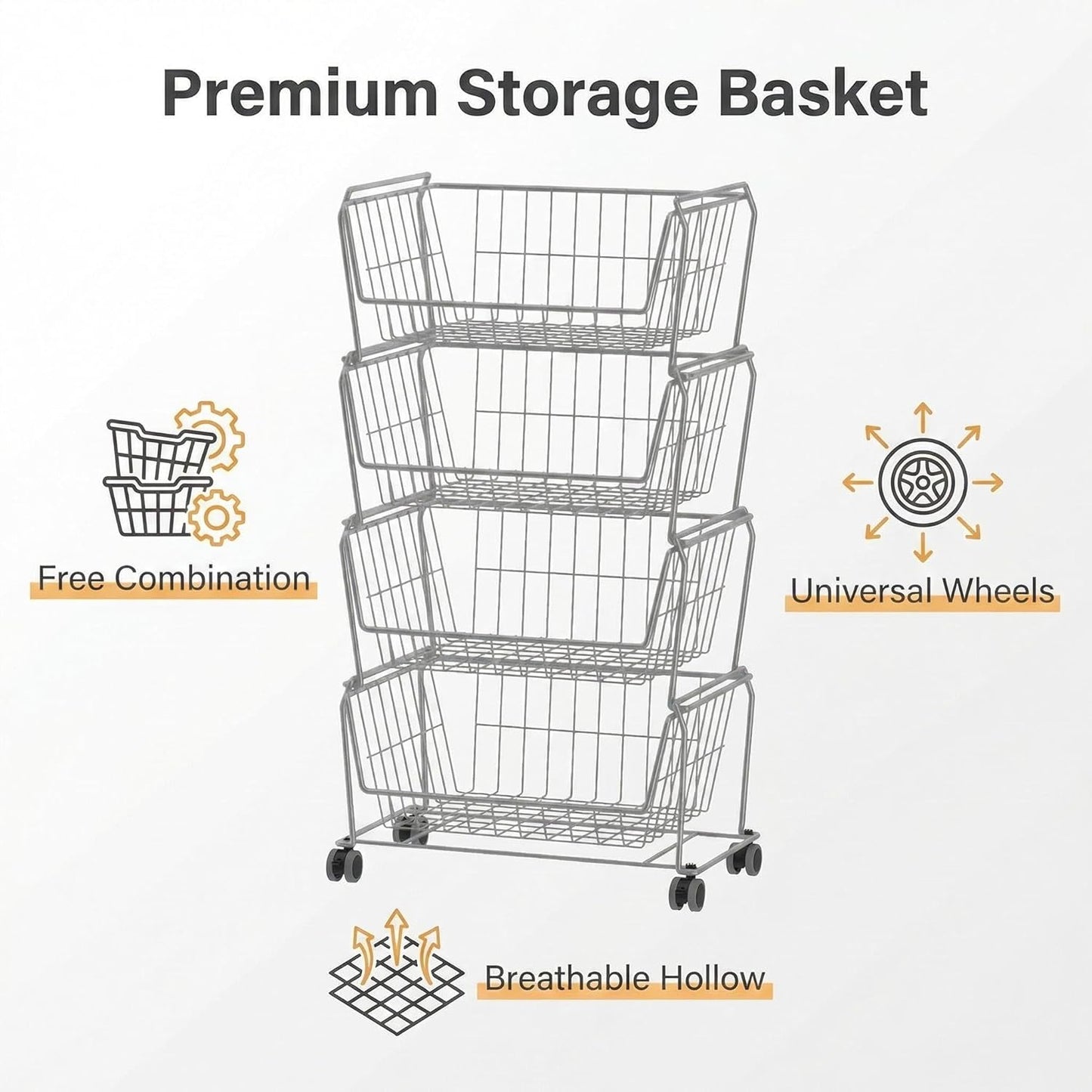 PUSDON 4-Tier Spacious Stackable Wire Storage Baskets with Wheels, Metal Rolling Utility Cart Organizer, Fruit and Vegetable Produce Basket for Kitchen Pantry, Everyday Bathroom Shelf, Silver Grey