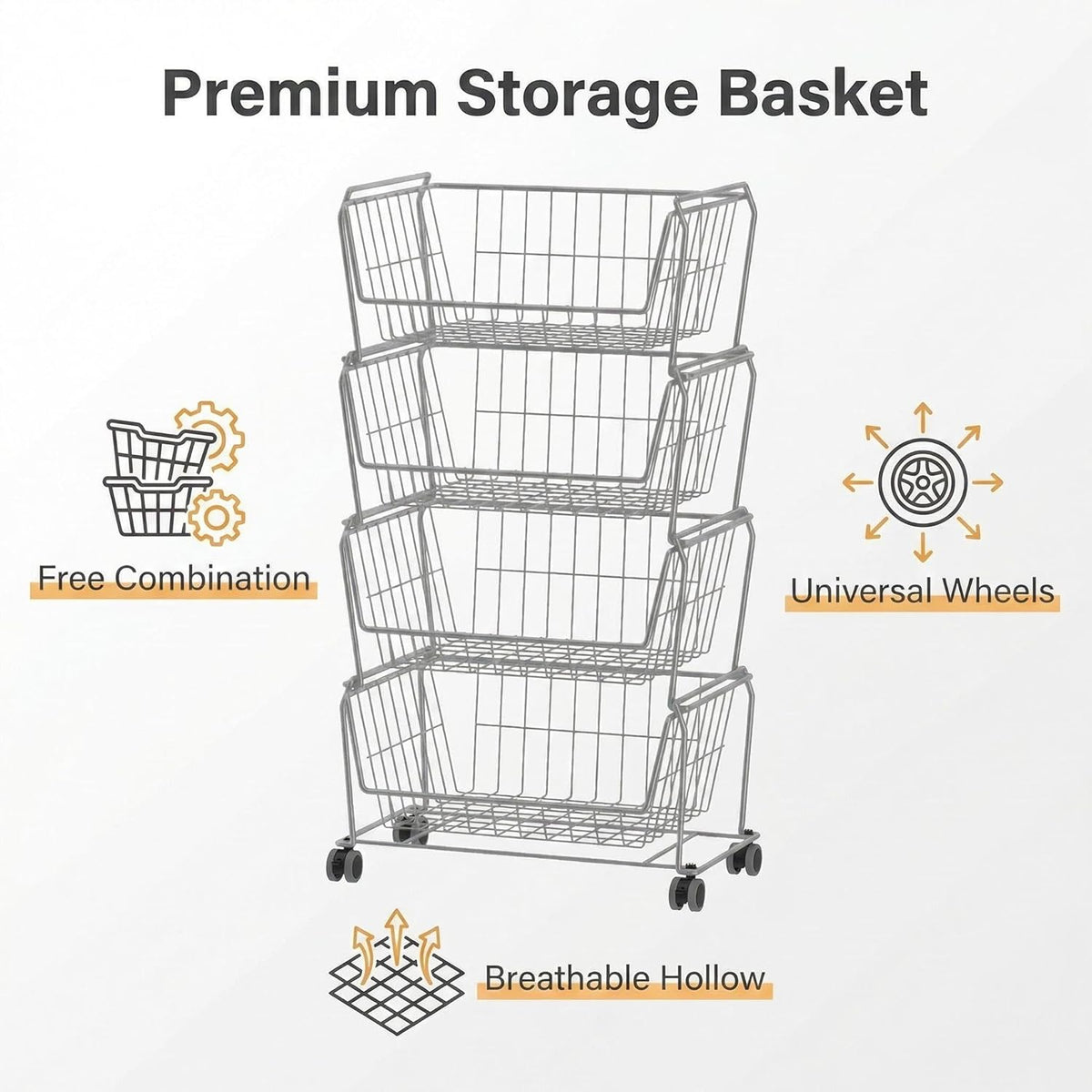 PUSDON 4-Tier Spacious Stackable Wire Storage Baskets with Wheels, Metal Rolling Utility Cart Organizer, Fruit and Vegetable Produce Basket for Kitchen Pantry, Everyday Bathroom Shelf, Silver Grey
