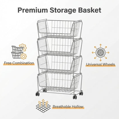 PUSDON 4-Tier Spacious Stackable Wire Storage Baskets with Wheels, Metal Rolling Utility Cart Organizer, Fruit and Vegetable Produce Basket for Kitchen Pantry, Everyday Bathroom Shelf, Silver Grey