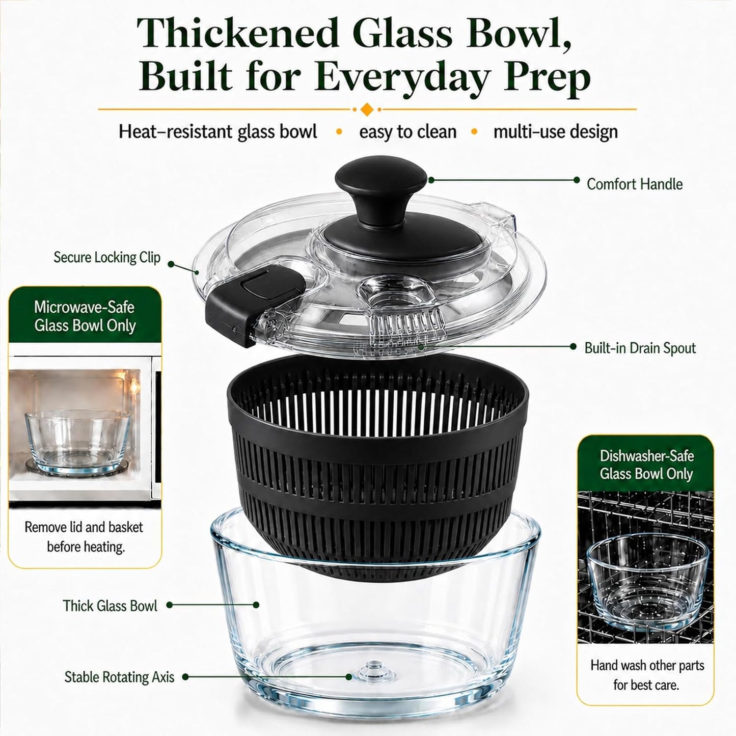 Glass Salad Spinner 3.2 Qt, Small Salad Spinner with Glass Bowl Removable Lid for Easy Cleaning Dishwasher Safe Glass Bowl Vegetable and Fruit Washer Dryer with Drain Spout Crank Handle White