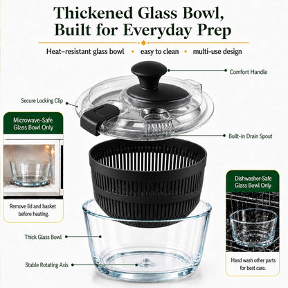 Glass Salad Spinner 3.2 Qt, Small Salad Spinner with Glass Bowl Removable Lid for Easy Cleaning Dishwasher Safe Glass Bowl Vegetable and Fruit Washer Dryer with Drain Spout Crank Handle White