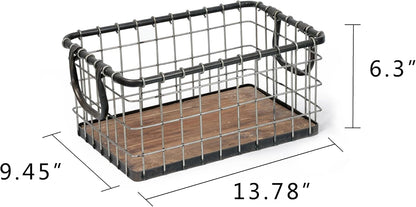 11.5" Wide Rectangular Sturdy Hand Welded Farmhouse Metal Wire Basket with Rustic Wooden Bottom For Shelves, Closet Storage Bins for Shelves. Also For Laundry, Towel, Spice Rack, Tool Box (11.5"x7")