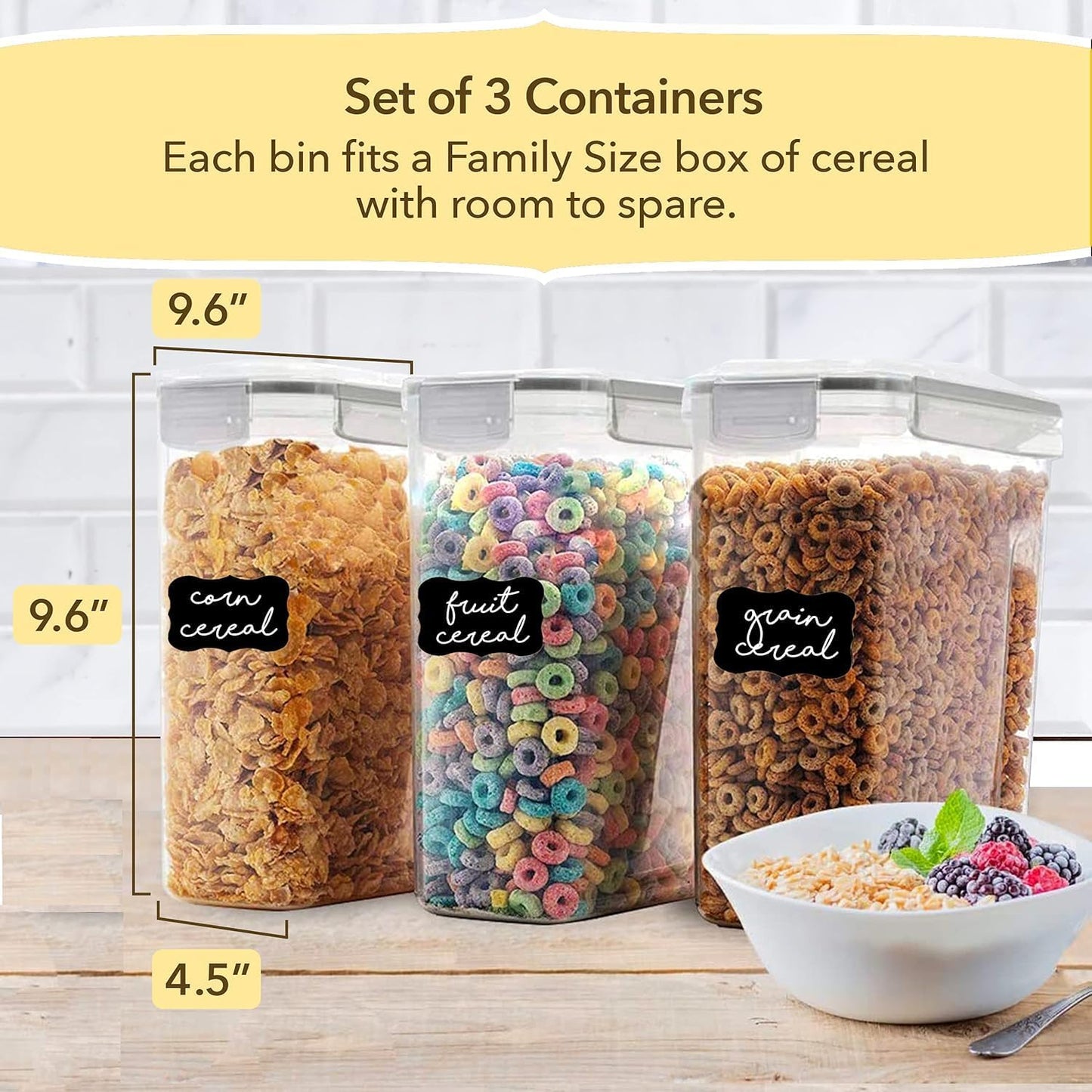 Simply Gourmet Airtight Flour and Sugar Containers with Lids – 3 Piece Kitchen Pantry Organization Set, BPA-Free Clear Plastic, Stackable Canisters for Baking Ingredients, Rice, Snacks, Cereal