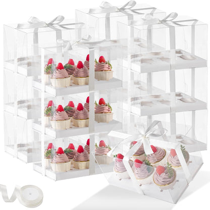 JCD 4 Pack Clear Cupcake Boxes, Plastic Cupcake Containers with Gift Ribbon, 5.5inches height Holder 6 Count Cup Cake Boxes for Parties, Baking, Wedding, Transport (6count/4pcs)