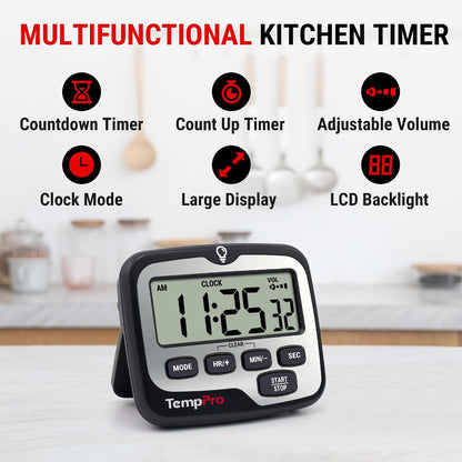 TempPro TM01 2-in-1 Kitchen Timers for Cooking with 12/24H Clock Mode