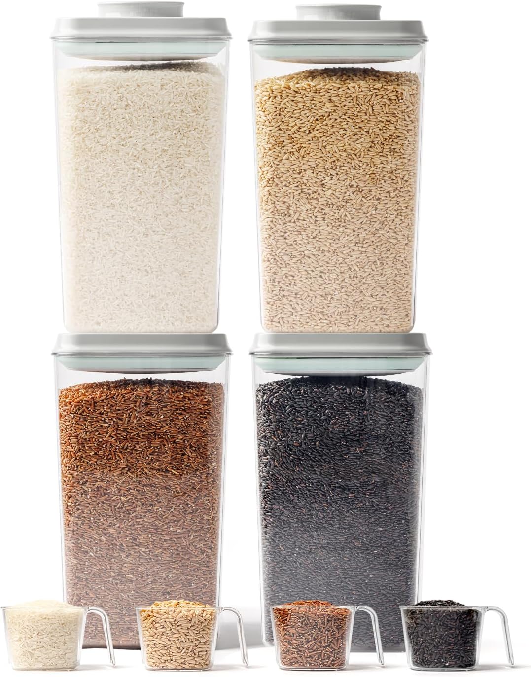 Airtight Food Storage Containers with Lid, 4-Pack 4.22Qt Large Stackable Pantry Organizers with Measuring Scoops, BPA-Free Containers for Rice, Flour, Baking Supplies, Snacks & Laundry Pods