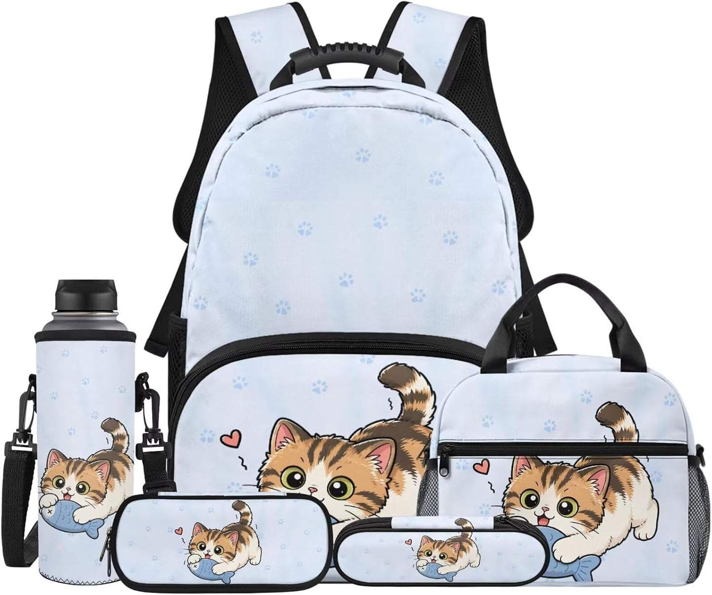Highland Cow Backpack with Lunch Box Set for Kids Sunflower School Backpack for Girls Boys Back to School Bag Student Travel Backpacks Reusable Utensils Pen Case Water Bottle Bag 5PCS