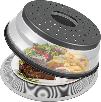 LekDrok 10 Inch Microwave Food Cover & Collapsible Silicone Mat - Splatter Guard, Plate Holder & Kitchen Colander for Meal Prep, Charcoal
