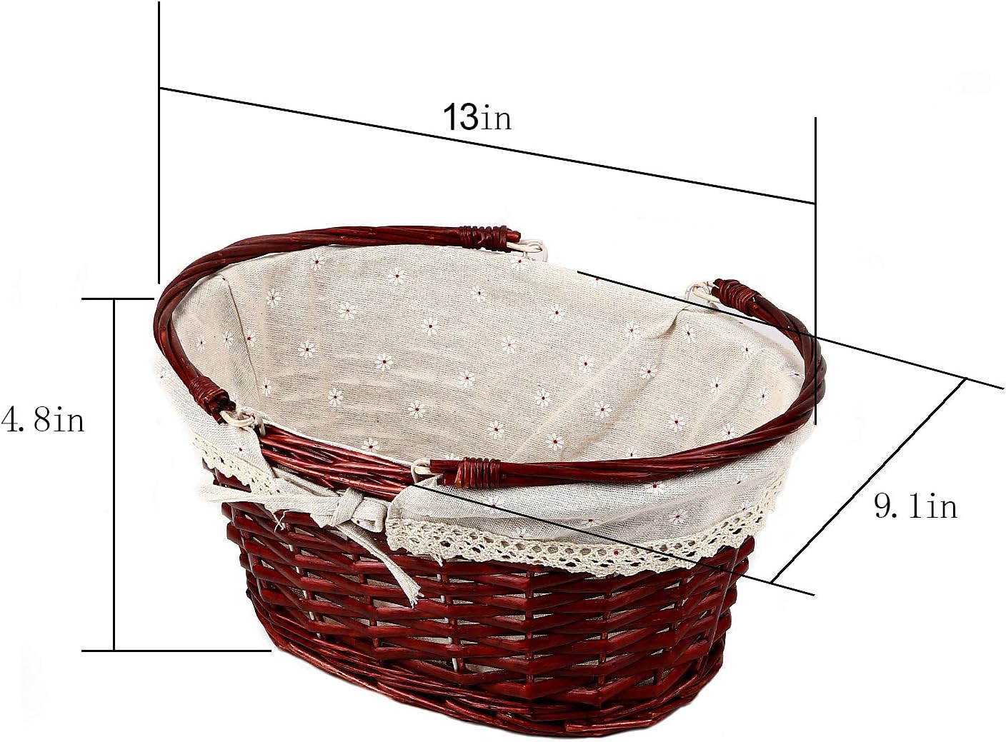 KINJOEK 2 Packs Wicker Woven Basket, 13" x 9" x 4.8" Multipurpose Natural Willow Basket with Handle Premium Linen Cotton Cloth Lining for Storage and Decoration, Natural