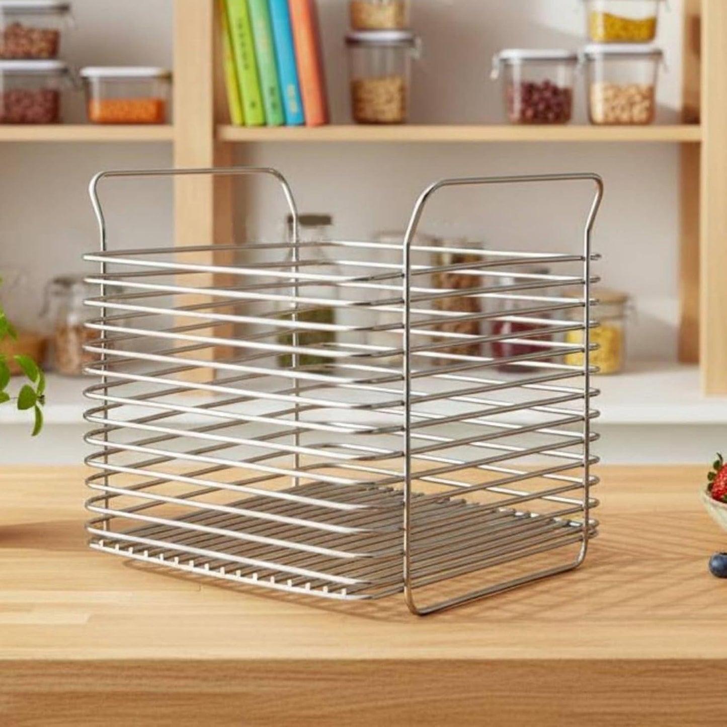 Metal Wire Organizer Bin with Handles Multipurpose Stainless Steel Storage Basket Rust-Resistant Stackable Pantry Basket for Cabinet, Square Tall