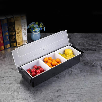 Fruit Veggie Condiment Caddy with Lid, 3 Compartment Plastic Dispenser Tray for Catering Dips Toppings, Serving Taco, Ice Cream, Fruit, & Salad Bar Garnish Organizer for Restaurant Supplies