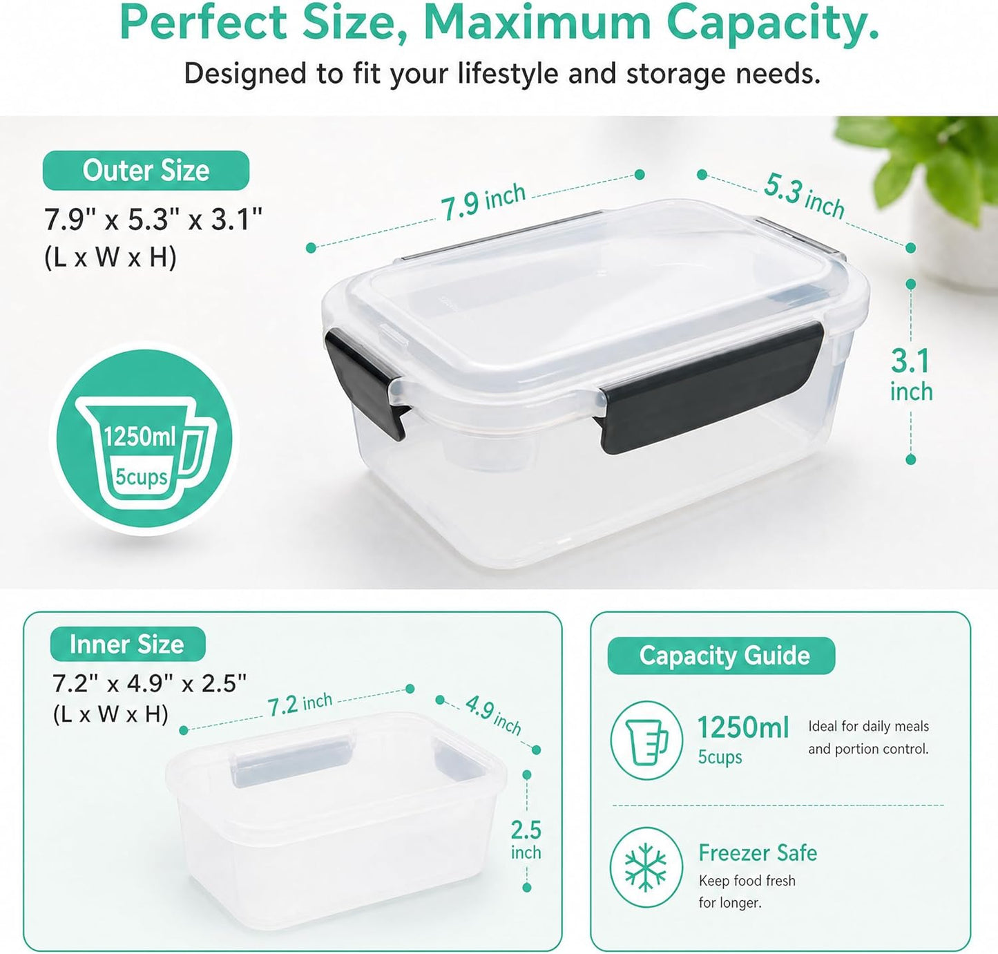 YORY 9 cup Plastic Food Storage Containers with Lids Nestable Freezer Dishwasher Safe Rectangle Meal Prep Container Set,5-Pack