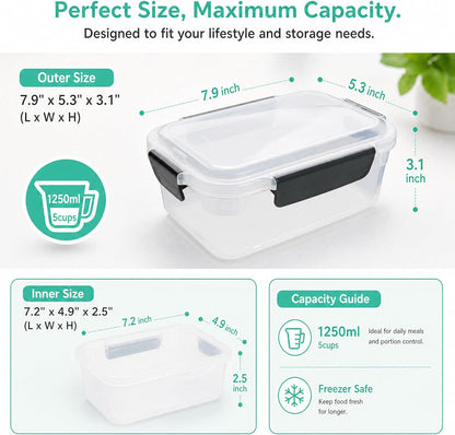 YORY 9 cup Plastic Food Storage Containers with Lids Nestable Freezer Dishwasher Safe Rectangle Meal Prep Container Set,5-Pack
