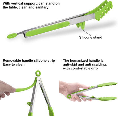 4in1 Stainless Steel Kitchen Food Tongs Set for Cooking with Silicone Tips, Toaster Steak Pie Pizza Pasta Spaghetti Noodles Salad Fruit Vegetable Grill BBQ Buffet Clamp Serving Tools Gadgets
