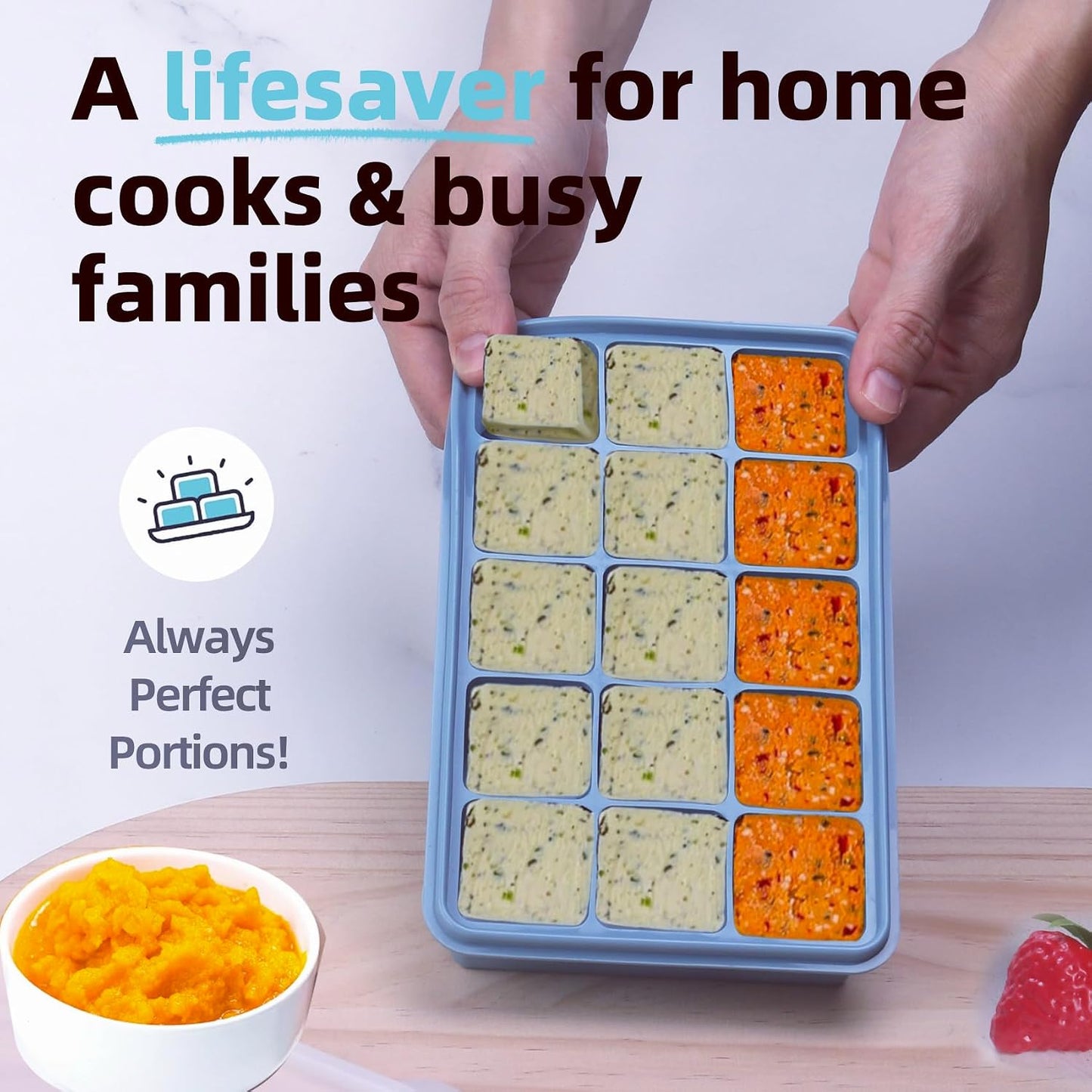 3-Pack Silicone Freezer Trays with Lid,4 Large 1-Cup(250ml)&6 Medium 1/2-Cup(125ml)&15 Small 2 Tbsp(30ml) Soup Freezer Container Molds,Ice Cube Tray For Meal Prep&Freezing Soup,Herbs (Blue 3 Pack)