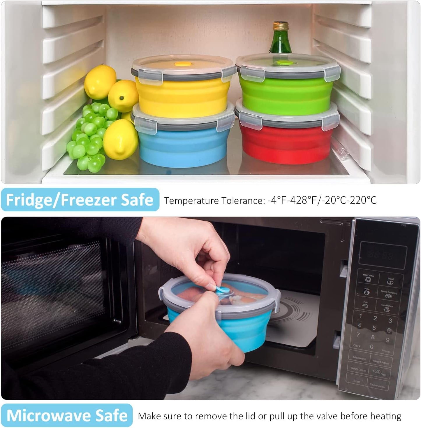 Collapsible Food Storage Containers with Lids, 4 Pack, 40 oz Silicone 1-Compartment Meal Prep Containers Reusable, Lunch Bento Boxes for Adults, Microwave Freezer Dishwasher Safe, BPA-Free, Black