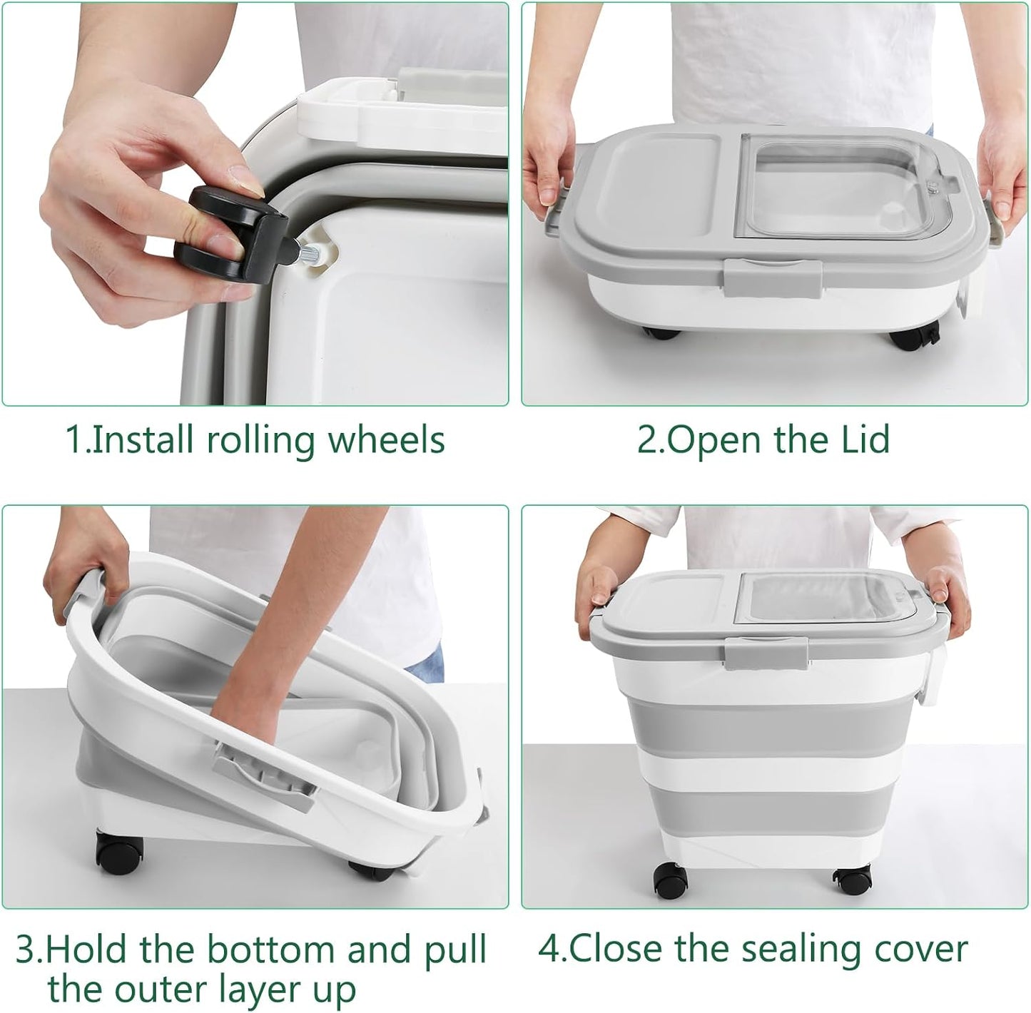 Dog Food Storage Container with Rolling Wheel and Airtight Lid, Black, 30LB | Foldable Food Storage Bins with Snap-Lid Seal to Keep Kibble, Pellets or Seeds Fresh for Dogs, Cats and Birds
