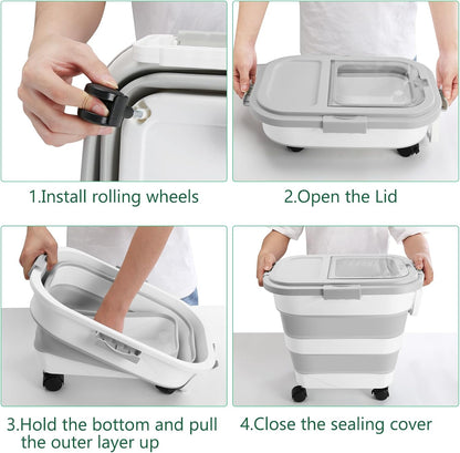 Dog Food Storage Container with Rolling Wheel and Airtight Lid, Black, 30LB | Foldable Food Storage Bins with Snap-Lid Seal to Keep Kibble, Pellets or Seeds Fresh for Dogs, Cats and Birds