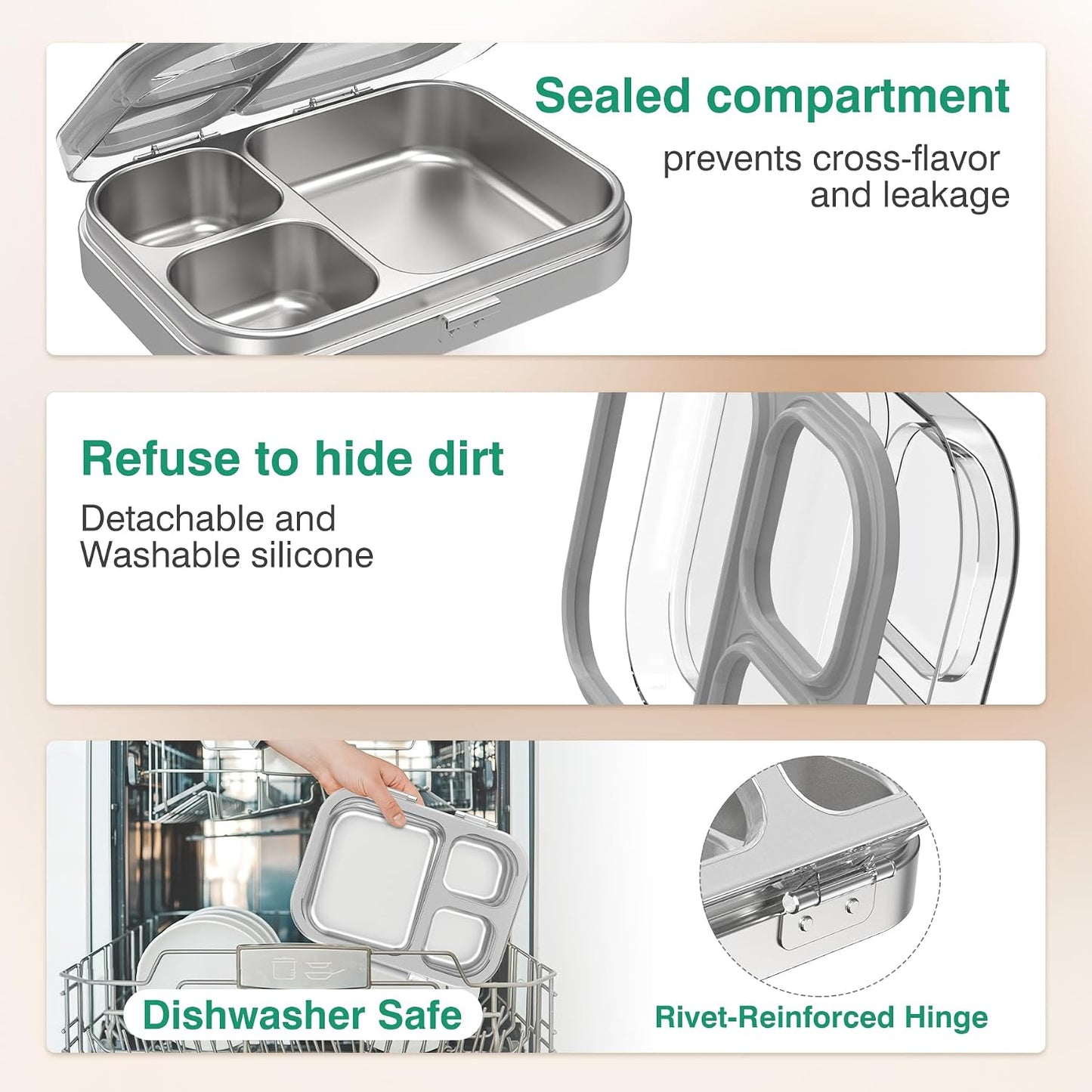 HOMEKOL Stainless Steel Bento Lunch Box, 3-Compartment Leak-Proof Lunch Container for Kids & Adults, BPA/BPS-Free 304 Metal Food Box, Dishwasher Safe, Clear Tritan Lid, Green (Not Insulated)