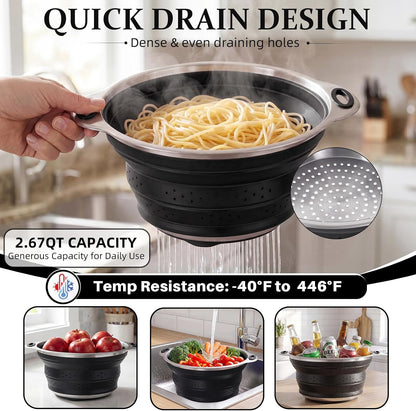 Collapsible Colander Set with Silicone Mat,2-in-1 Stainless Steel Colander for Kitchen, Foldable Metal Colander, Space-Saving for Pasta Veggies Fruit(NAVY BLUE)