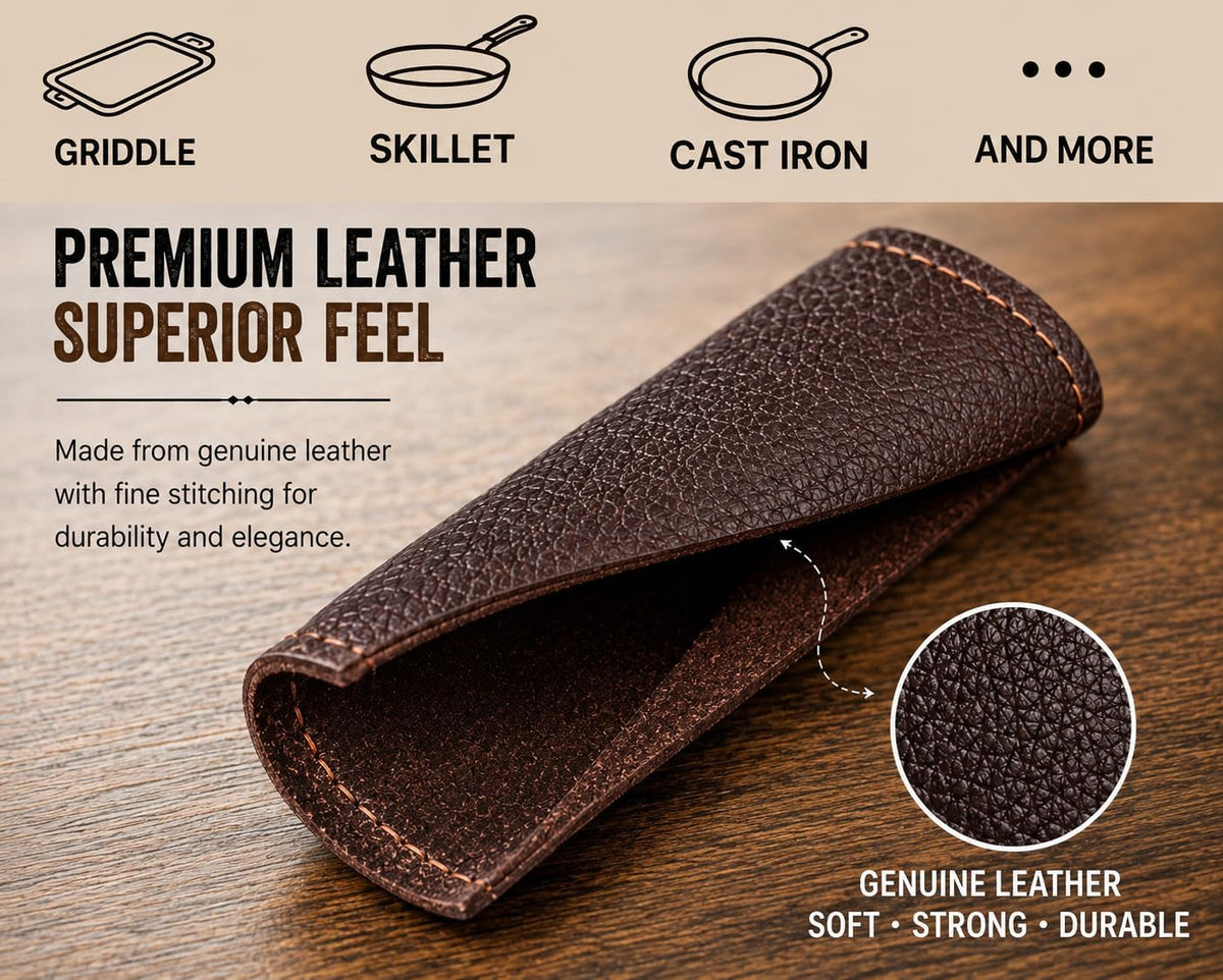 I.N Premium Leather Cast Iron Skillet Handle Cover (Standard 4.5) Thick Leather Heat Resistant Pan Handle Sleeve Holder for Cast Iron Handle Cover & Pans (Handmade)