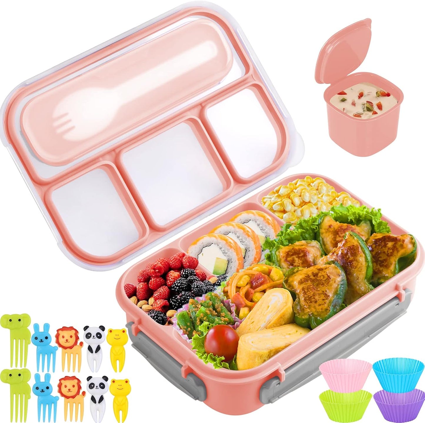 Yumuk Bento Box Adult, Lunch Box Containers for Adults Men Women, 5 Cup Bento with 4 Compartments &Spork &Sauce Box, Leak-Proof, Microwave/Dishwasher Safe(Beige)