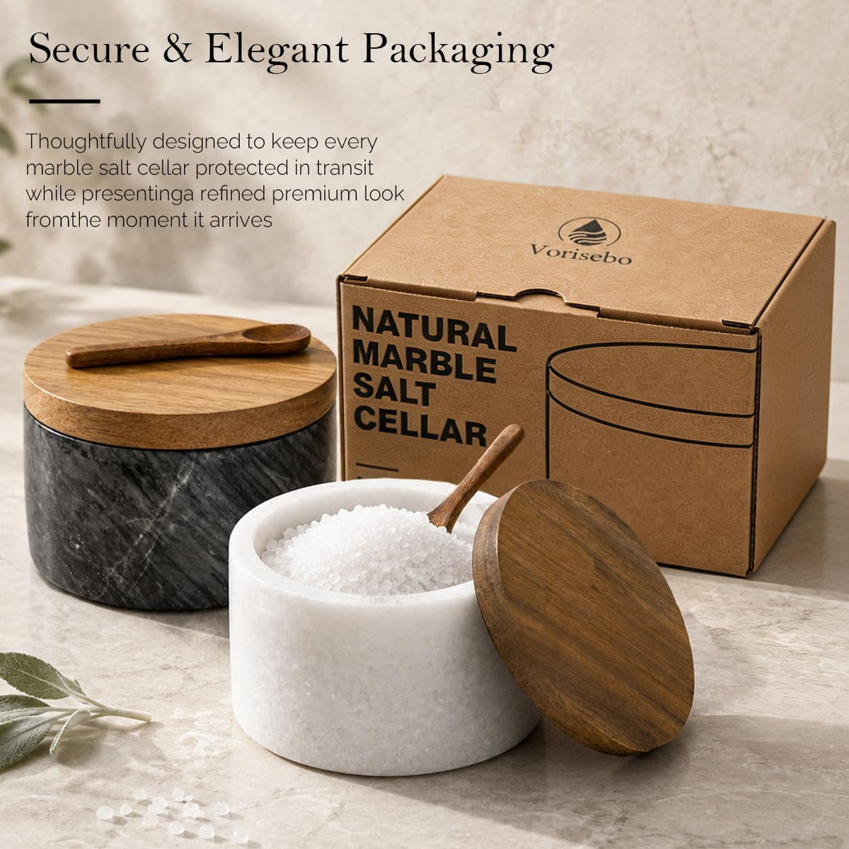 Marble Salt Cellar with Lid & Spoon, Salt Container, Salt Holder