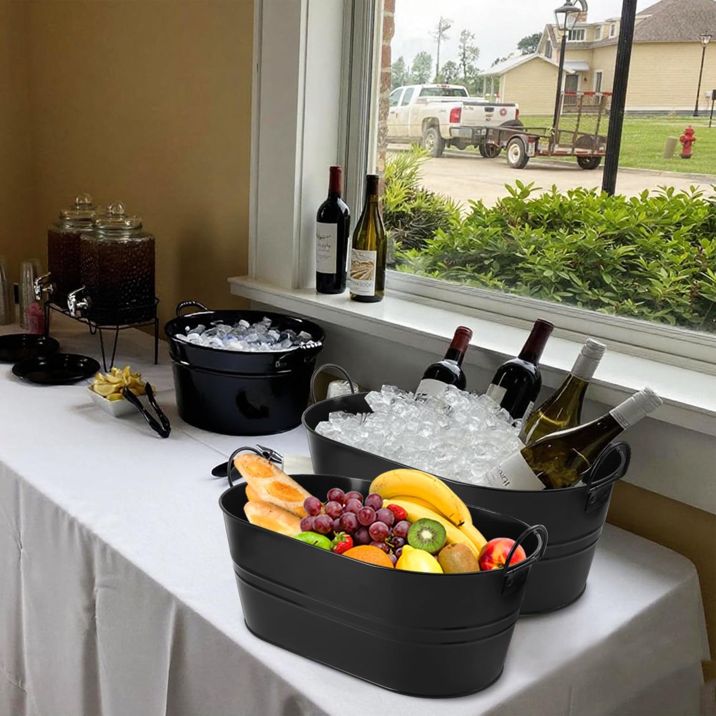 3 PCS 15.3 x 9 x 6 inches Black Metal Galvanized Tub with Handles, 3 Gallon Galvanized Beverage Tubs for Parties, Large Metal Drink Ice Buckets for Beer, Wine, Cocktails & Outdoor Events