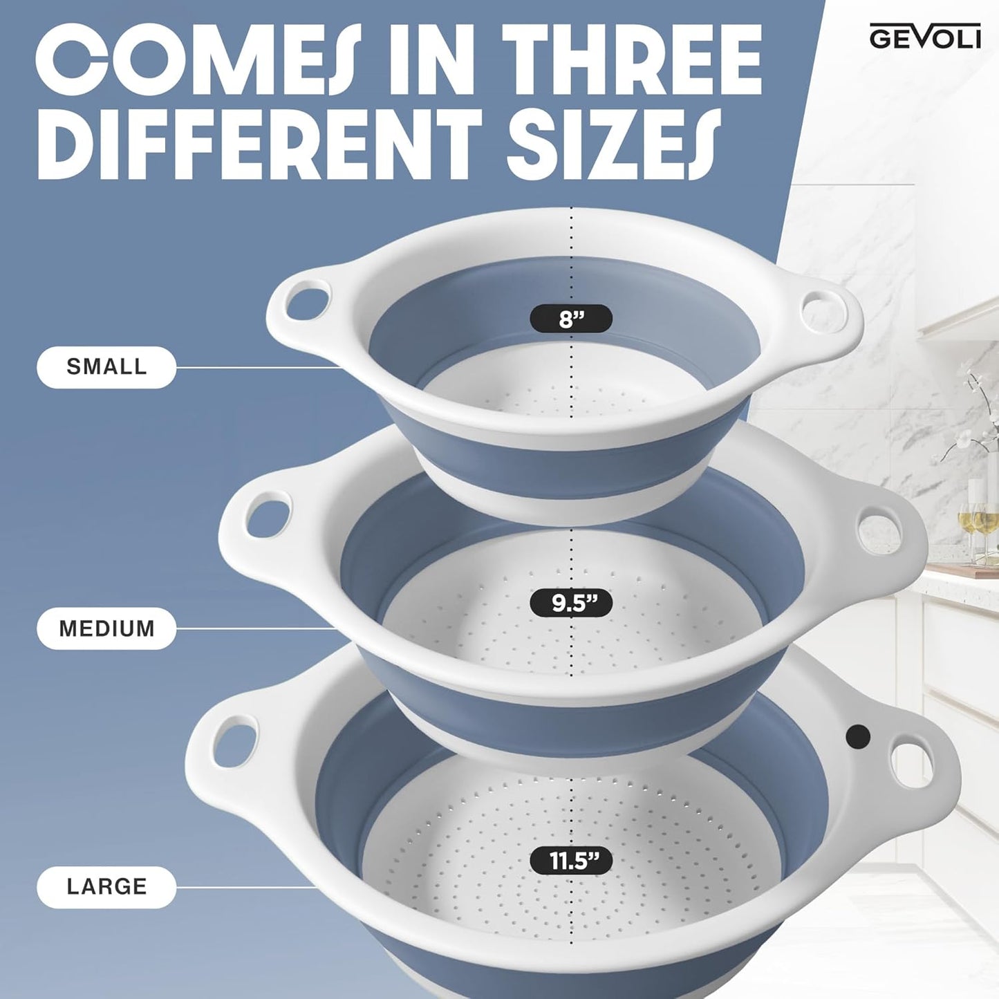 Gevoli 3-Pack Collapsible Colanders with Self-Draining Base, Over Sink-edge Silicone Food Strainers, Small/Med/Large Sizes, Nesting for Easy Compact Storage (3Qt, 4Qt, 5-Quart Set) Green/Gray