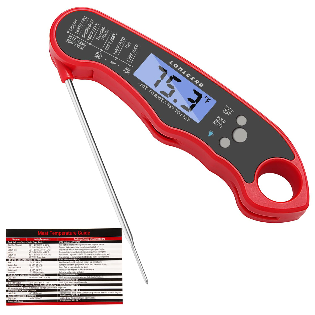 LONICERA Digital Meat Thermometer, 1-4 s Instant Read, Foldable Probe, Red