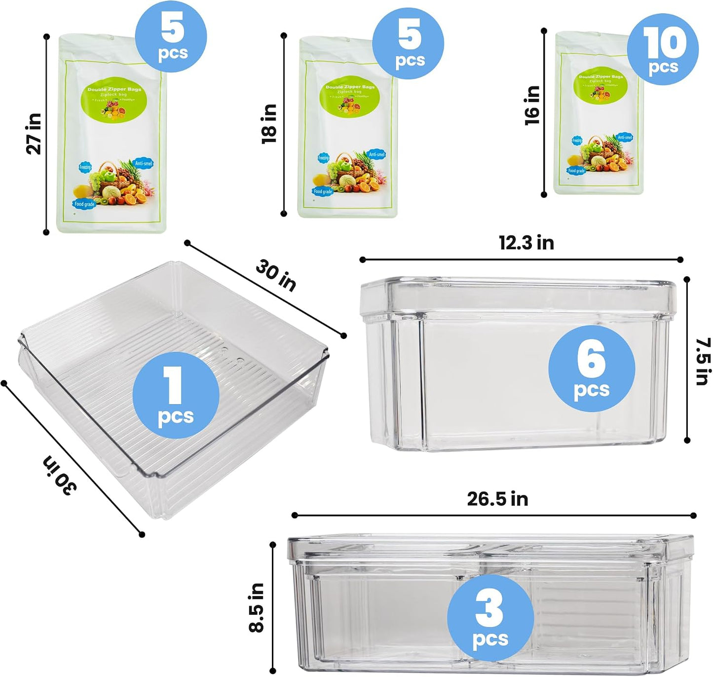 Clear Fridge Organizer Bins - 10 pcs Refrigerator Organizers and Storage Set for Fridge, Freezer, Kitchen, Stackable Pantry Organizer Bins - Includes Pack of 20 Food Bags - Ideal for Food & Drinks