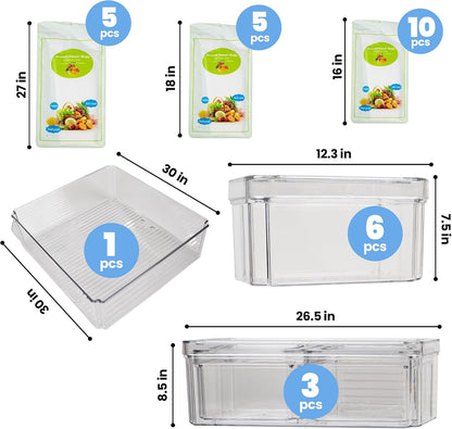 Clear Fridge Organizer Bins - 10 pcs Refrigerator Organizers and Storage Set for Fridge, Freezer, Kitchen, Stackable Pantry Organizer Bins - Includes Pack of 20 Food Bags - Ideal for Food & Drinks