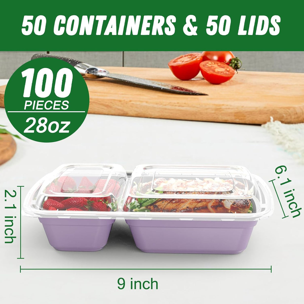 Dealusy 50 Pack (100-Piece) 28 oz Meal Prep Containers Reusable with Lids 2-Compartment, Sturdy Leakproof Food Safe, Microwave Freezer Dishwasher Safe, To Go Take Out Plastic Food Storage, Black
