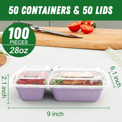 Dealusy 50 Pack (100-Piece) 28 oz Meal Prep Containers Reusable with Lids 2-Compartment, Sturdy Leakproof Food Safe, Microwave Freezer Dishwasher Safe, To Go Take Out Plastic Food Storage, Black