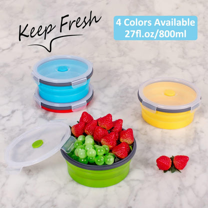 Collapsible Food Storage Containers with Lids, 4 Pack, 40 oz Silicone 1-Compartment Meal Prep Containers Reusable, Lunch Bento Boxes for Adults, Microwave Freezer Dishwasher Safe, BPA-Free, Black